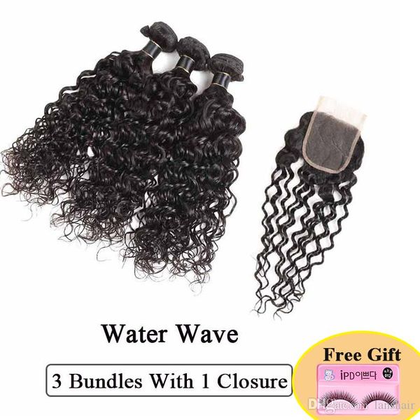 

malaysian indian human hair weave closure water wave hair bundles with closure black color wet and wavy natural wave hair extensions