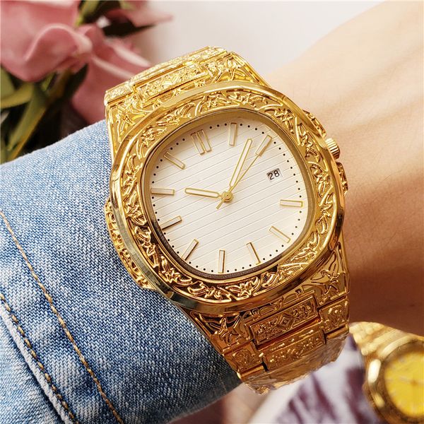 Top Swiss brand mens watch nautilus watches Vintage carved gold strap stainless steel unique designer quartz watch datejust high quality