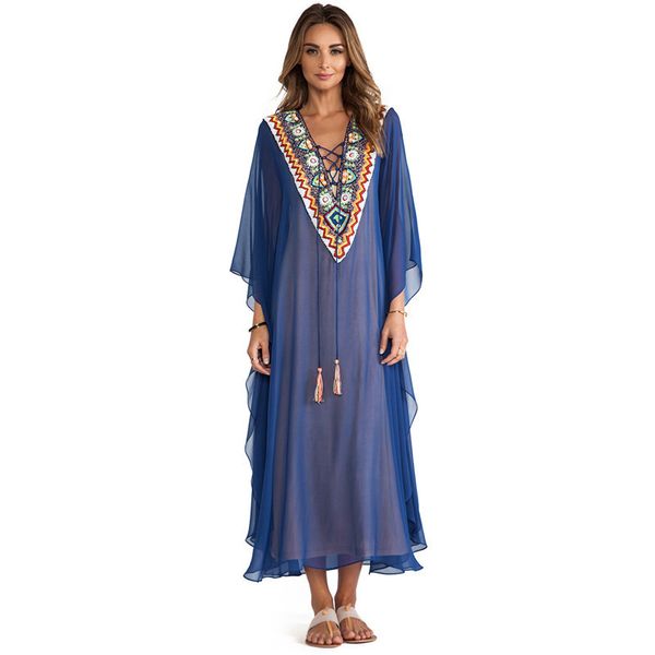 

beach cover ups tunic cape on swimsuit skirts plus size swimwear woman new occident chiffon strap shaped embroidered neck dress, Blue;gray