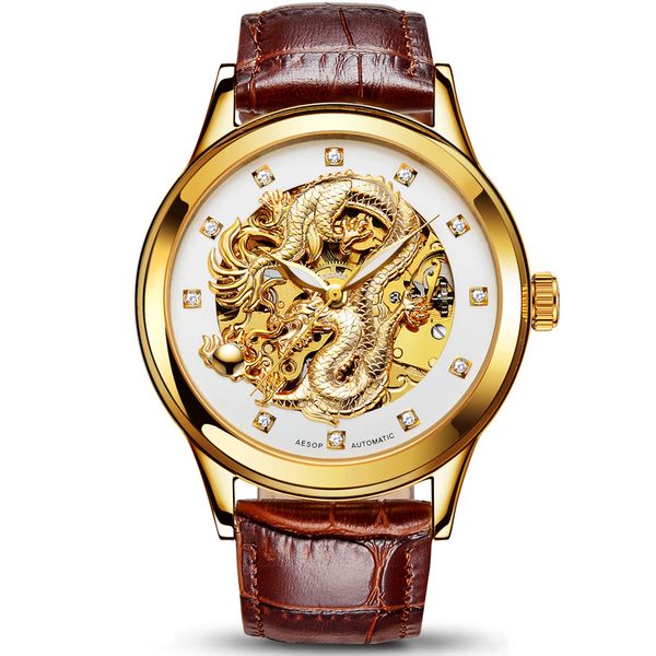 

aesop dragon watch men luxury gold automatic mechanical watch sapphire golden men's wristwatch male clock men relogio masculino, Slivery;brown