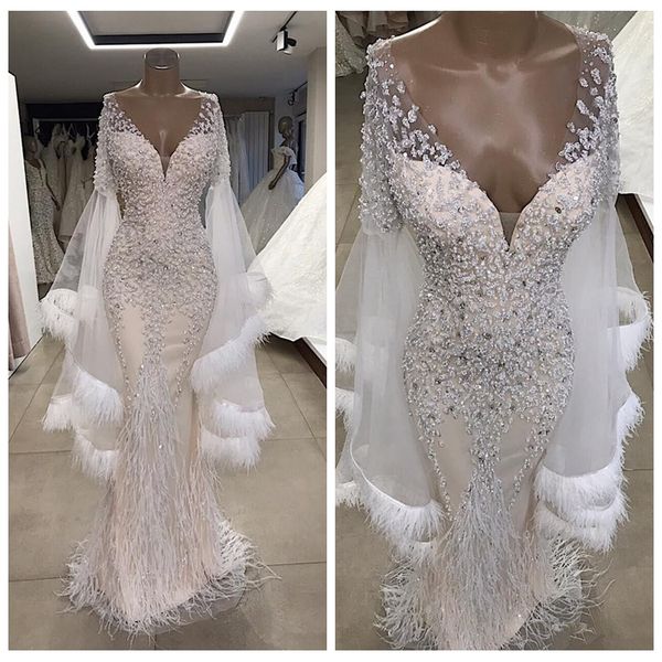 

2020 sheer long sleeves lace appliques mermaid prom dresses feather beaded slim women evening party gowns luxurious formal middle east, Black