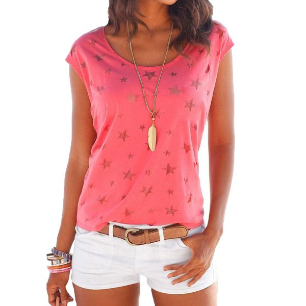 

casual round neck short sleeve tee shirt women summer t-shirt elegant stars printed t shirt wdc2284, White