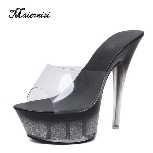 

maiernisi summer slippers female model t stage catwalk crystal shoes 14cm high transparent platforms thick soles slippers, Black