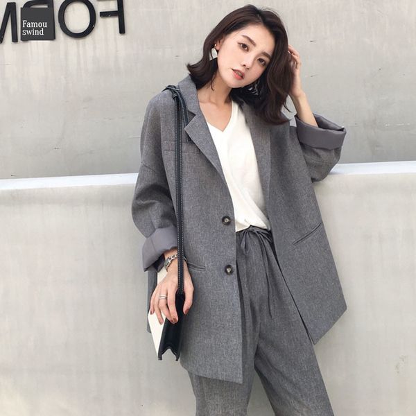 

suit female 2019 autumn new temperament casual loose long suit jacket trousers solid criss cross elegant fashion two color piece, White