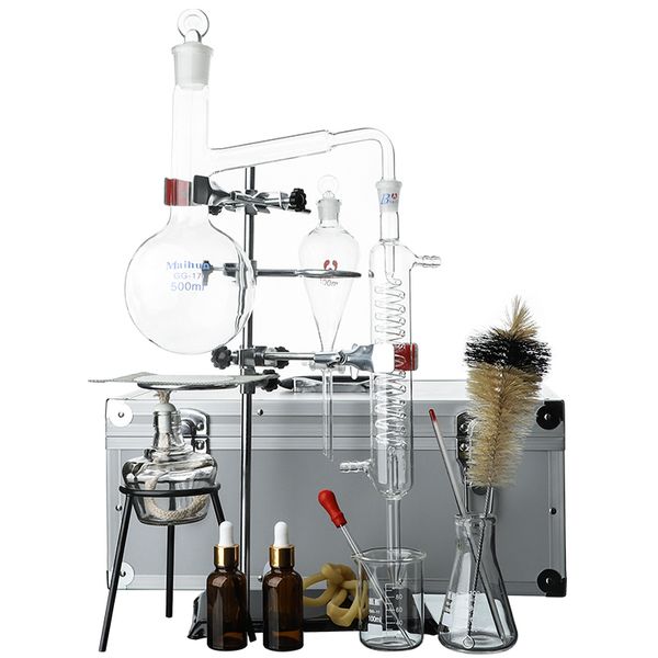 ZOIBKD Ätherisches Öl liefert Destillationsapparat, Kräuterextrakt-Ausrüstung, Laborglas-Set, 500-ml-Kolben