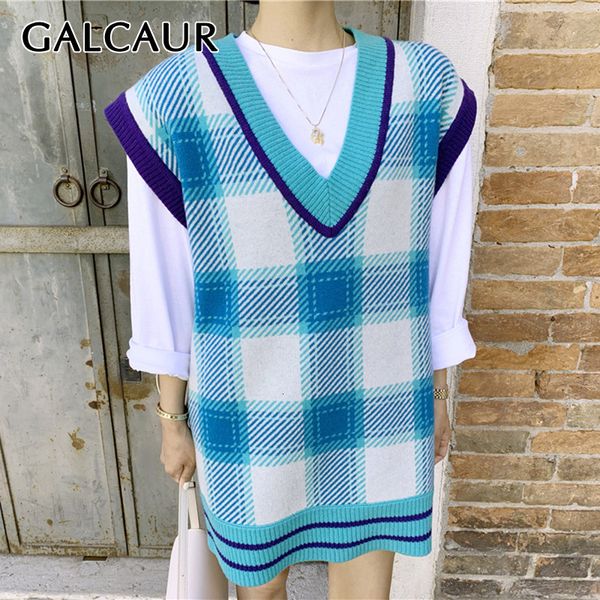 

galcaur vintage knitting plaid vests for women v neck sleeveless hit color autumn oversize vest female clothing fashion 2019 new, Black;white
