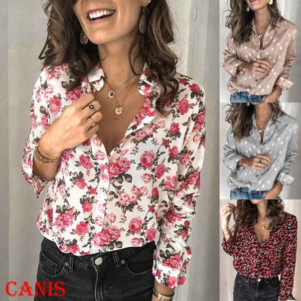 

women's blouses & shirts 2021 est womens polka dot blouse holiday floral sot long sleeve turn down collar loose casual shirt female of, White