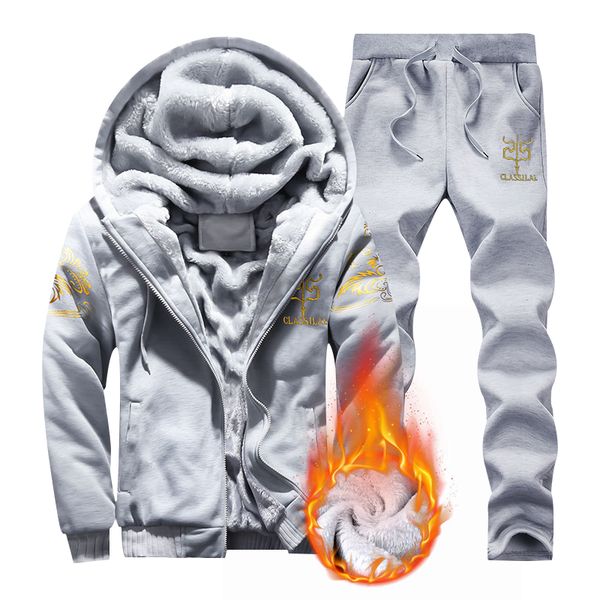 

2019 mens fleece hoodies tracksuit winter casual hooded warm sweatshirts male thicken 2pc jacket+pant suit men moleton masculino, Black