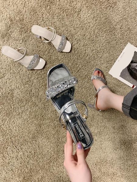 

slippers casual square heel female shoes glitter slides women heels loafers rubber flip flops block 2020 summer jelly, Black