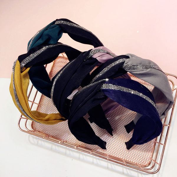 

fashion satin blue patchwork knot hairband women girls fashion rhinestone hair hoop headwear hair accessories