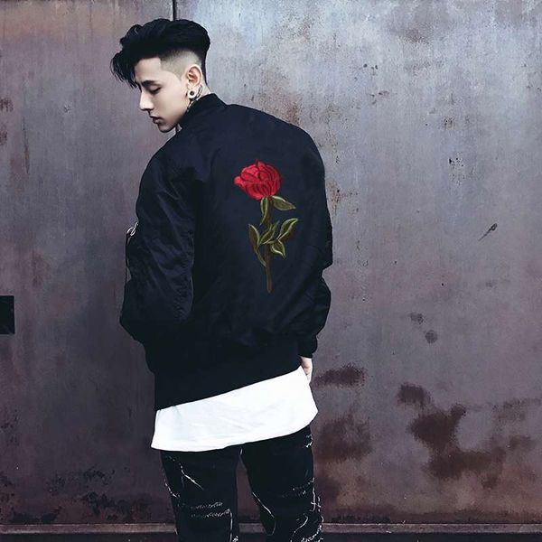 

rose print jacket bomber jacket thin men swag black coat fashion streetwear us size s-xl, Black;brown