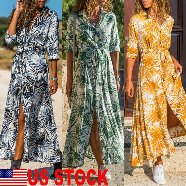 

plus size ladies long sleeve floral boho summer women dress party bodycon maxi v neck slit tunic dresses beach gown sundress, Black;gray