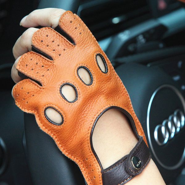

2018 new lady buckskin gloves driving non-slip semi-finger genuine leather woman deerskin gloves breathable unlined el116, Blue;gray