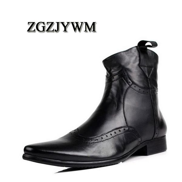 

zgzjywm new pointed toe zip ankle black/red boots men hombre genuine leather men motorcycle boots for high top