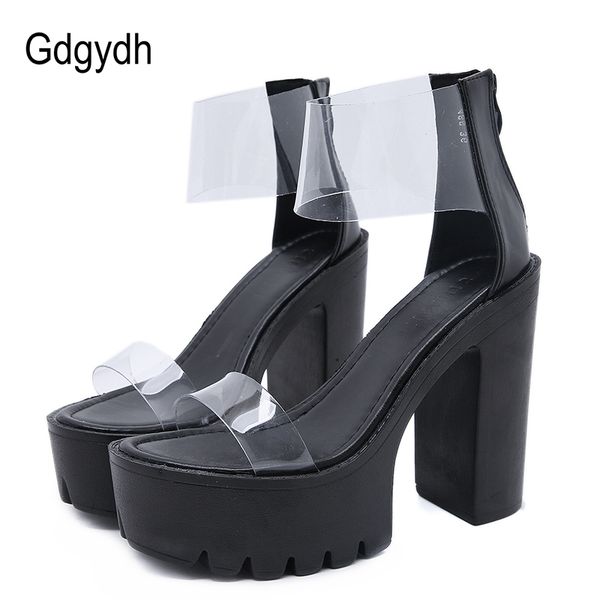 

gdgydh pvc transparent platform sandals women chunky heel back zipper summer wear for party 2020 new high quality, Black