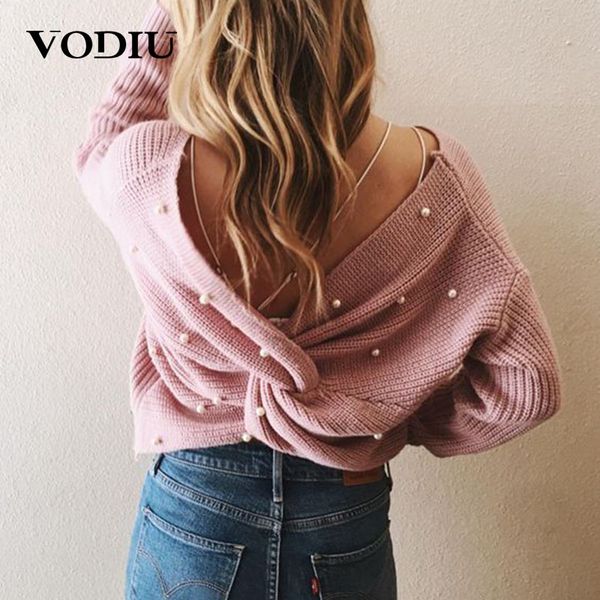 

backless cross pearls sweater pullover jumper knitting loose clothes female long sleeve knitted women winter sweater, White;black