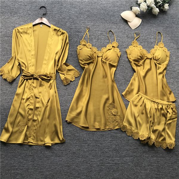 

daeyard pajamas for women floral appliques 4pcs silk pyjamas set with shorts spring new lace pjs sleepwear home clothes, Black;red