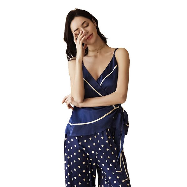 

2019 summer new pattern imitate real silk pajamas woman camisole deep v neck nightdress long pants twinset sleepwear, Blue;gray