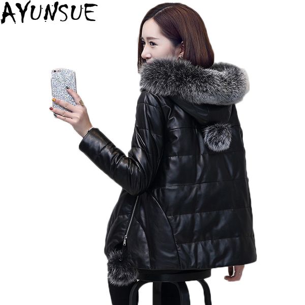 

ayunsue plus size winter genuine women leather jacket 2017 fur short warm duck down parka mujer abrigos basic lx1083, Black