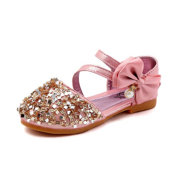 

2019 fashion girls sequins bow kids summer children leather casual princess flat heel party wedding shoes silver gold pink 21-36, Black;grey