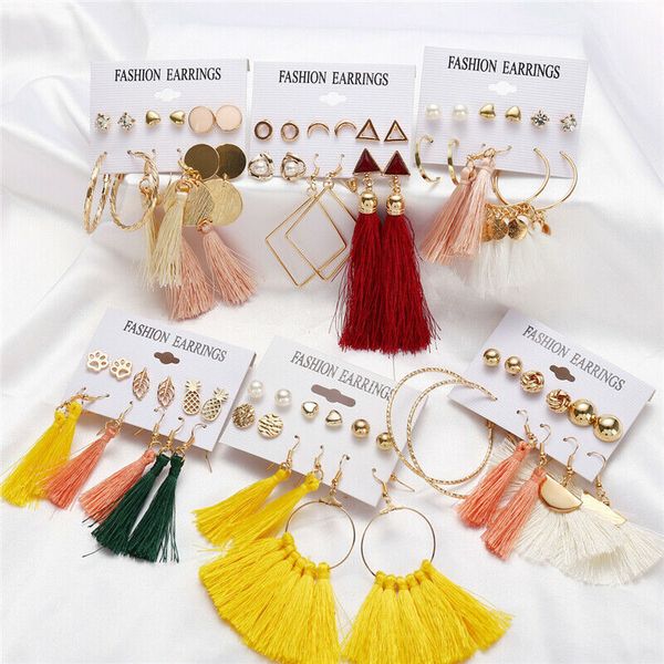 

6 pairs fashion geometric boho earrings for women jewelry dangle fringed tassel earrings crystal stud set ear stud, Golden;silver