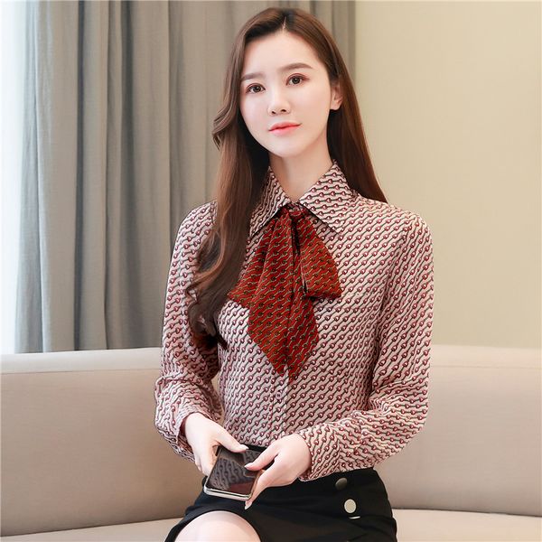 

новая мода рубашки bow отпечатана женщины tops 2020 нового бизнеса рубашки шифон шелк женской рубашки плюс размер блузка, White