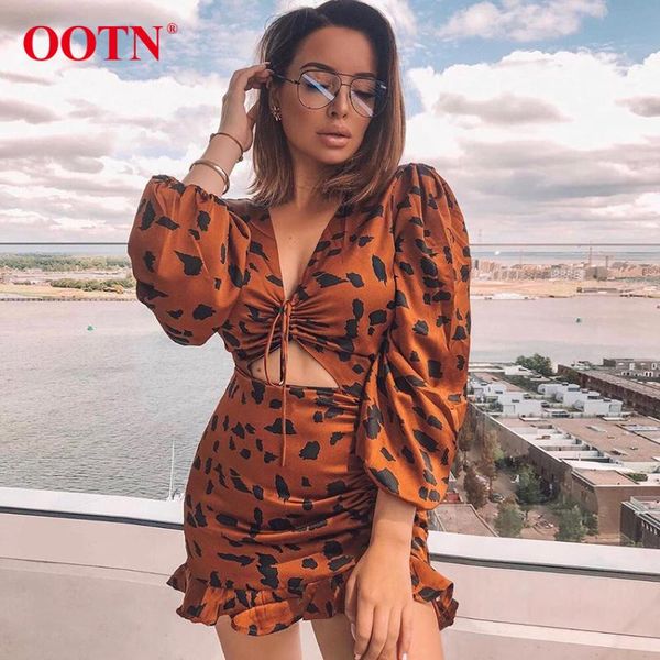 

ootn ruffle drawstring leopard dress women v-neck puff sleeve mini dress 2019 fashion vintage animal print ladies dresses, Black;gray