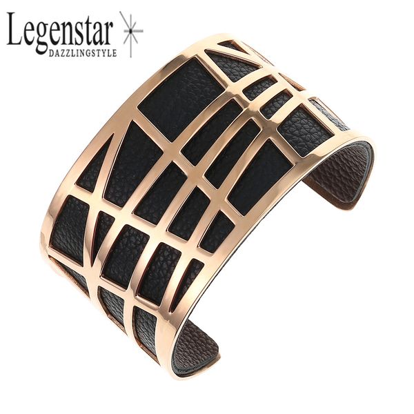 

legenstar open cuff bangle bracelet rose gold stainless steel 40 mm wide reversible leather arm pulseira feminina masculina, Black