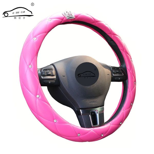 

upscale crystal crown coverd women car steering- wheel braid luxurious diamond pu leather steering wheel cover diameter 38 cm