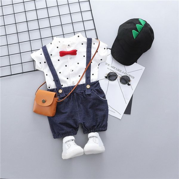 

summer baby boys short sleeve polka dot print shirts+strap shorts casual outfits sets 2pcs/set, White