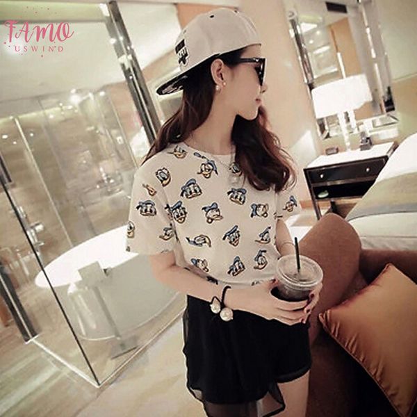 

cute duck printed женщины tshirt top o образным вырезом с коротким рукавом женщины топы и тис хлопок удобная футболка femme мультфильм camis, White