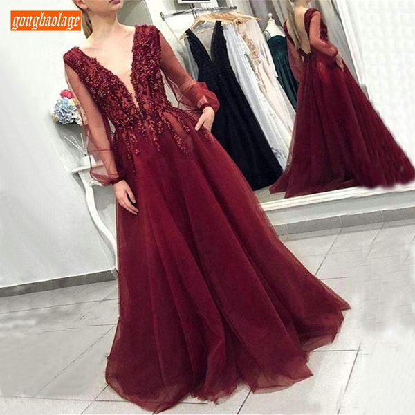 

stylish burgundy v neck evening dresses long sleeves tulle a line formal dress lace applique braded backless party evening gowns, White;black