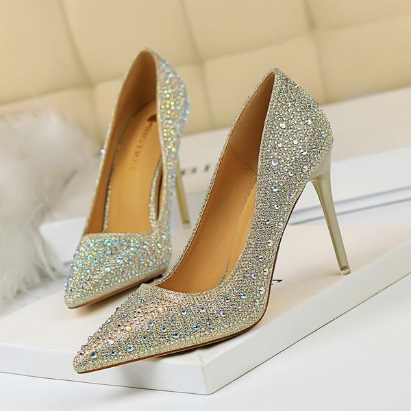 

women pumps bling high heels shoes pointed female shoe glitter woman shoes pointed wedding shoes gold silver sequined femme 34-40, Black