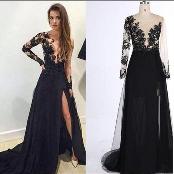 

setwell deep v-neck a-line evening dresses illusion long sleeves lace appliques high split floor length chiffon prom party gowns, Black;red