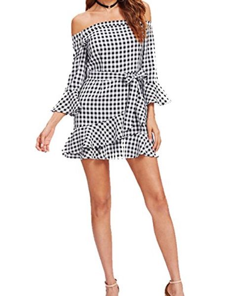 

amzmem women's off shoulder strapless classic plaid trumpet sleeve summer casual vacation mini dress, Black;gray