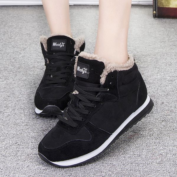 

2019 winter women boots sneakers snow boots ankle flat women plush warm lace up winter big size, Black