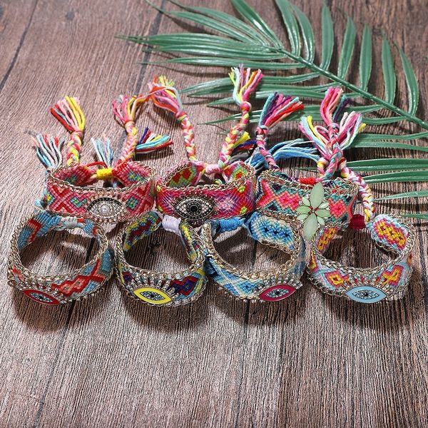 

bohemia weave rope evil eye friendship bracelets for woman men cotton handmade charm bracelet & bangles ethnic jewelry gifts, Golden;silver