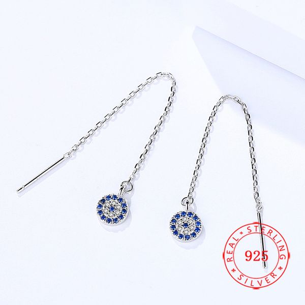 

fashion bling jewelry 925 sterling silver cubic zircon blue eye chain dangle threader earrings for girls