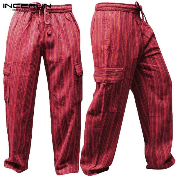 

incerun striped 5xl wide legs men casual pants 100%cotton loose fitness baggy cargo trousers multi pockets joggers vacation, Black