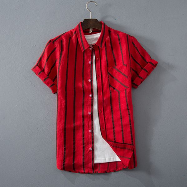 

2020 brand clothing men striped pure cotton linen shirts summer henry colla loose short sleeve casual buttons slim fit shirt, White;black