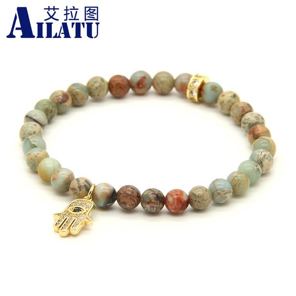 

ailatu womens jewelry 6mm natural agalmatolite stone with micro inlay zircons fatima hand hamsa pendant bracelets, Golden;silver