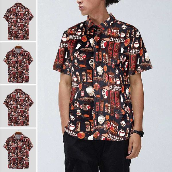 

2020 summer chinese style vintage printing shirt man loose button holiday blouse printed shirts casual short sleeve lapel shirt, White;black