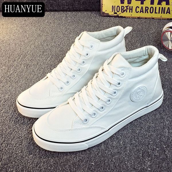 

new 2018 fashion solid white black canvas shoes platform men's flats breathable lace up men casual shoes high loafers