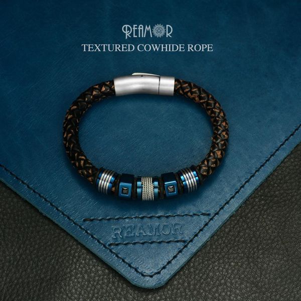 

reamor punk men jewelry genuine leather braided bracelets black zircon stainless steel blue beads bracelets fashion male bangle, Golden;silver