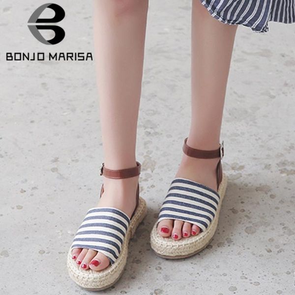 

bonjomarisa casual summer female sandals open toe platform wedges ankle strap striped sandals women leisure shoes woman, Black