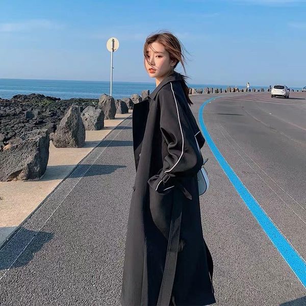 

women turn-down collar trench coat elegant belt double breasted long windbreaker lady office coat black outwear, Tan;black