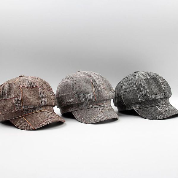 

мода зимняя шапка женщина британская ретро решетка восьмиугольная кепка женская весна случайный художник шляпа береты, Blue;gray