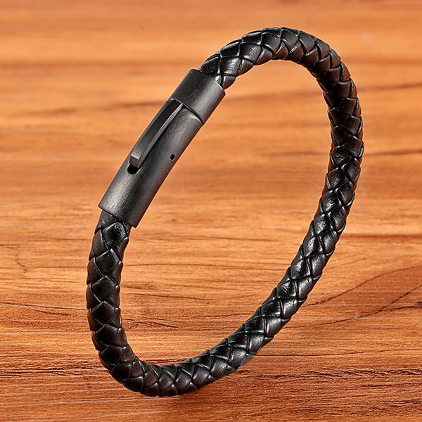 

new classic style men leather bracelet simple black stainless steel button neutral accessories hand-woven jewelry gifts, Golden;silver