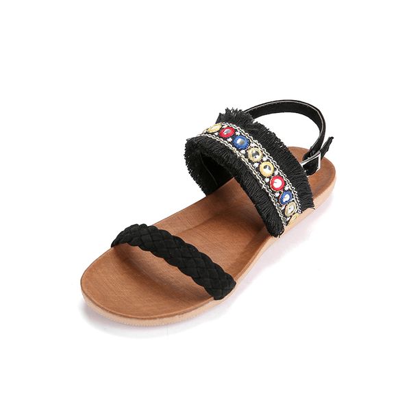 

summer sandals boho artisanal flat shoes women roma style cotton sandals beach fashion bohemian casual shoes plus size, Black
