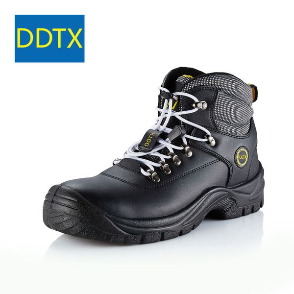 

ddtx steel toe safety boots shoes men anti-puncture sbp genuine leather work boots water proof slip resistant black